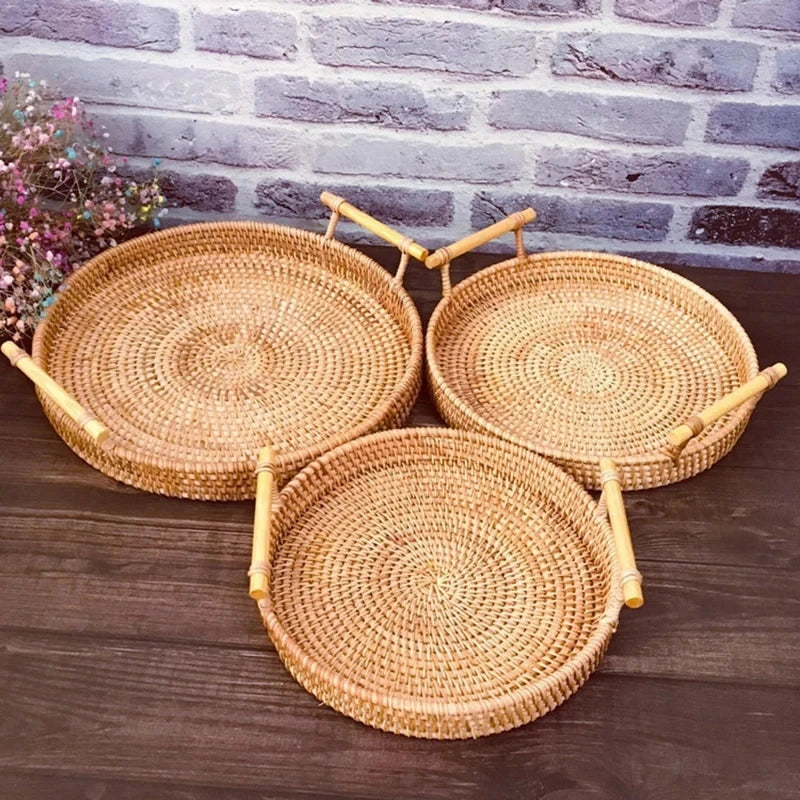 1PC Woven Rattan Storage Basket with Strap Handle