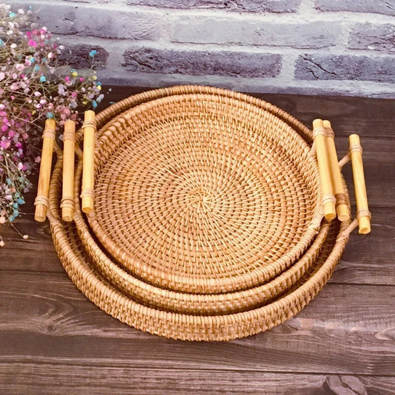 1PC Woven Rattan Storage Basket with Strap Handle