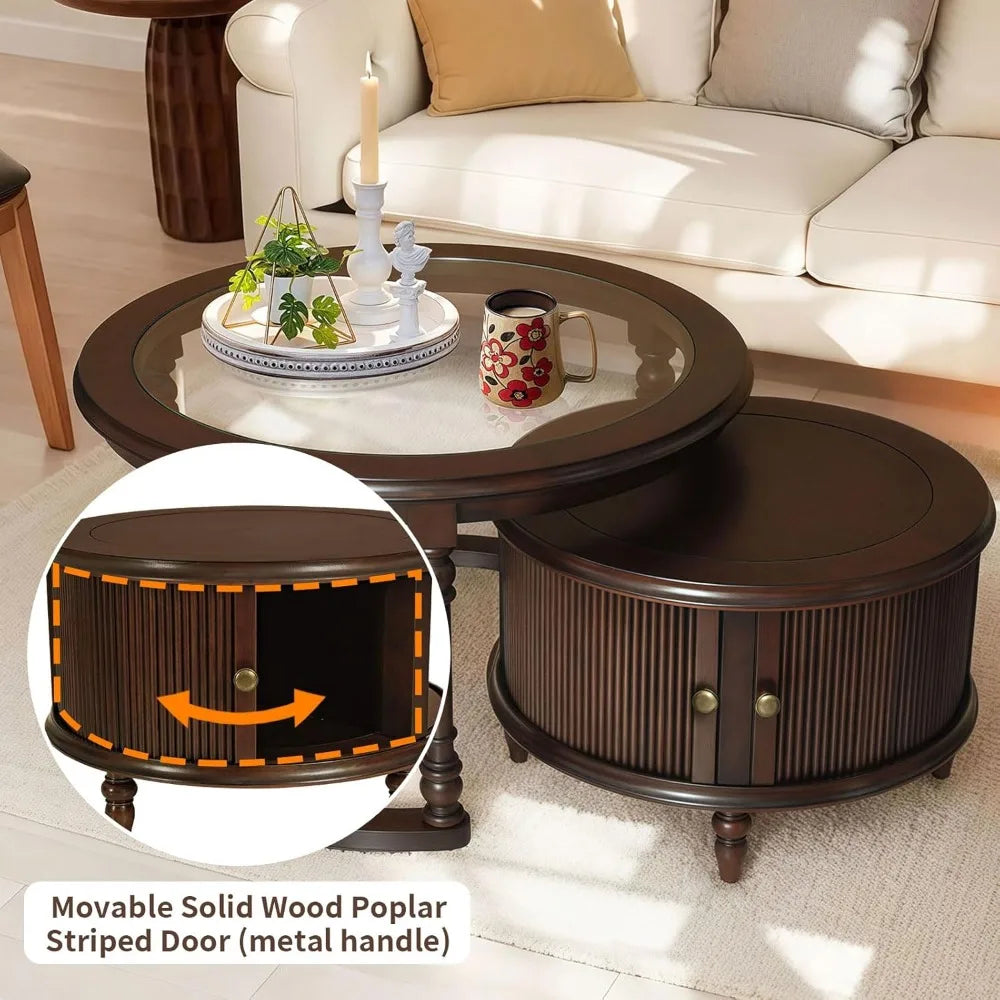 Dark Brown Nesting Table for Living Room, 31.5'' Coffee Table Set of 2, Tempered Glass Solid Wood Tabletop