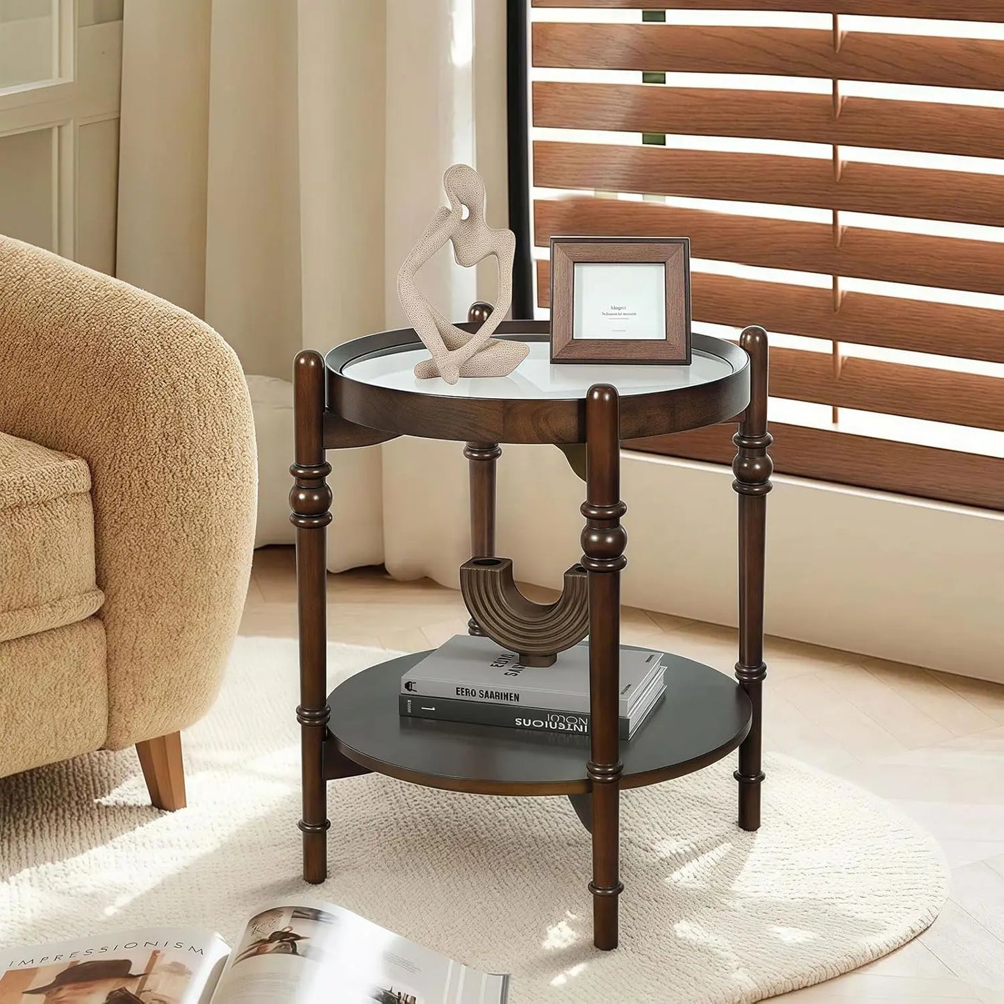 Dark Brown Nesting Table for Living Room, 31.5'' Coffee Table Set of 2, Tempered Glass Solid Wood Tabletop