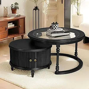 Dark Brown Nesting Table for Living Room, 31.5'' Coffee Table Set of 2, Tempered Glass Solid Wood Tabletop