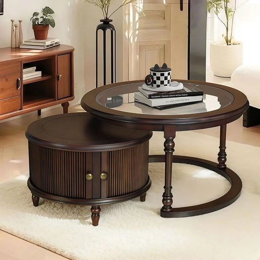 Dark Brown Nesting Table for Living Room, 31.5'' Coffee Table Set of 2, Tempered Glass Solid Wood Tabletop