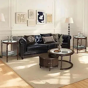 Dark Brown Nesting Table for Living Room, 31.5'' Coffee Table Set of 2, Tempered Glass Solid Wood Tabletop