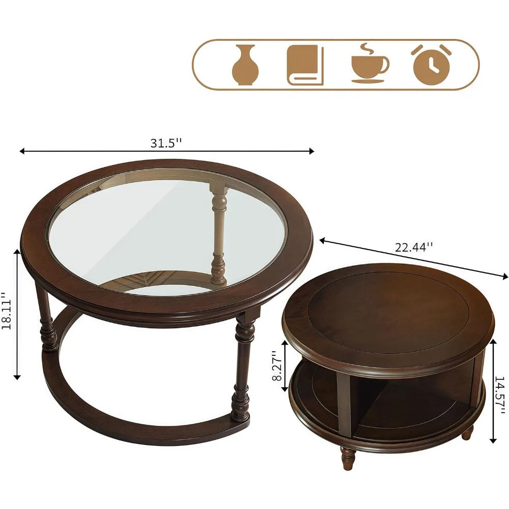 Dark Brown Nesting Table for Living Room, 31.5'' Coffee Table Set of 2, Tempered Glass Solid Wood Tabletop