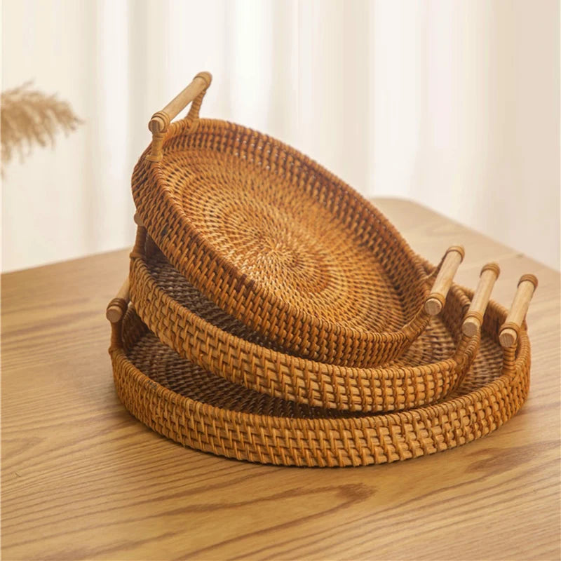 1PC Woven Rattan Storage Basket with Strap Handle