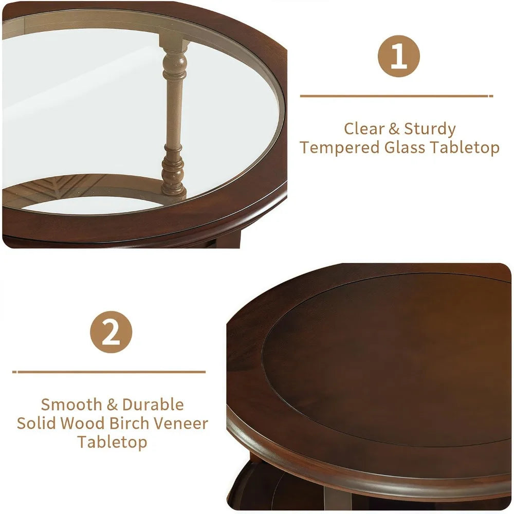 Dark Brown Nesting Table for Living Room, 31.5'' Coffee Table Set of 2, Tempered Glass Solid Wood Tabletop
