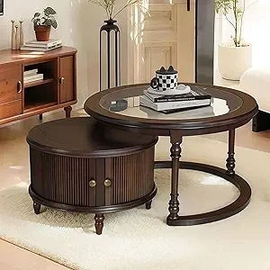 Dark Brown Nesting Table for Living Room, 31.5'' Coffee Table Set of 2, Tempered Glass Solid Wood Tabletop