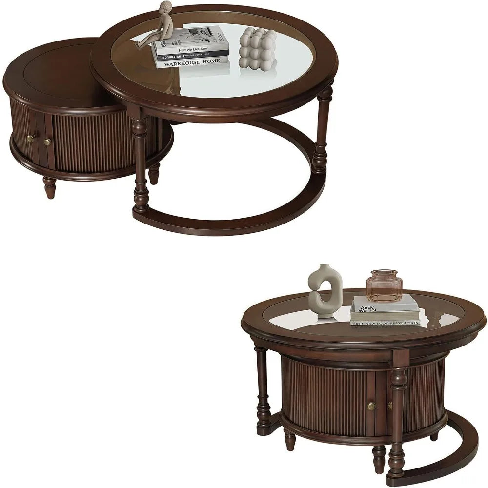 Dark Brown Nesting Table for Living Room, 31.5'' Coffee Table Set of 2, Tempered Glass Solid Wood Tabletop